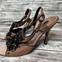 Nina  Cutout Bead Stiletto Sandals Crepe Fabric Leather Sole 6.5 Black Rust Brown Photo 1