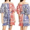 Farm Rio NWT  Mixed Pineapple Garden Linen Blend Red & Blue Tie Waist Mini Dress Photo 1