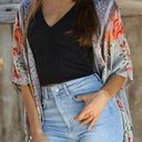 Angie [] Dove Gray Floral Print Flowy Open Front Kimono Cover-Up Boho Top Large L Photo 0