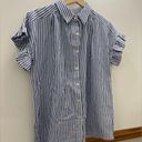 Industry EUC  Blue & White Striped Ruffle Sleeve Button Down Blouse Size Large Photo 6