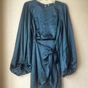 Petal and Pup  Opal Navy Blue Satin Long Balloon Sleeve Wrap Mini Dress 4 Photo 12