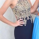 XScape Navy Blue And Gold Prom Dress Photo 3