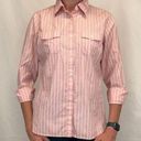 L.L.Bean  Women's Striped Button Down Roll Tab Blouse L LG Large Reg Pink White Photo 0