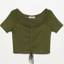 Mango  WOMEN Ruched Short Sleeve Square Neck Cropped Tee - Size M - Green - NWT Photo 2