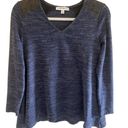 Jones Wear  Navy Blue 3/4 Sleeve V-Neck Tight Knit Top Faux Leather Detail Size S Photo 0