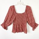 American Eagle Red & Beige Floral Smocked Puff Sleeve Blouse Top Size S Photo 0