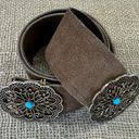 Vintage Brown Suede Leather Belt With Brass & Turquoise Buckle S Photo 10