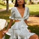 NEW White/Blue Floral Deep V Cutout Waist Ruffled Tiered Dress Multiple Photo 2