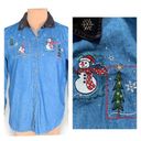 Basic Editions  Vintage Shirt Chambray Holiday Button Front Black Velvet Snowman Photo 8