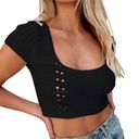 Double Zero  Crochet Lace Up Back Crop Top Black Club Goth Grunge Beach Y2k M Photo 0