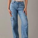 American Eagle AE Curvy Super High-Waisted Baggy Wide-Leg Cargo Jean in Light Bright Indigo 12 Photo 0