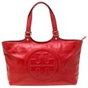 Tory Burch  Red Leather Embossed Logo Double Handle Shoulder Bombe Tote Handbag Photo 0