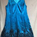 Onyx  night sleeveless teal satin dress with black mesh overlay, and black design Photo 0