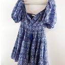 ZARA  Floral Ballon Short Puff Sleeve Mini Sundress Blue White Medium Photo 8