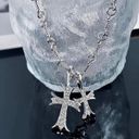 CZ Double Cross Pendant Necklace for Men Women Unisex Hip Hop Style Silver Photo 2