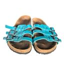 Birkenstock Birki” Xenia Teal Snakeskin Slip On Sandals Sz 38/7 Triple Buckle Photo 1