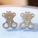 Silver Stainless Steel Cute Teddy Bear w/ Heart Paws Stud Earrings Photo 0