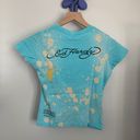 Ed Hardy Small NEW Rabbit Print Sky Blue Baby Tee Splattered Grey Y2K Deadstock Photo 1