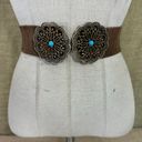 Vintage Brown Suede Leather Belt With Brass & Turquoise Buckle S Photo 6