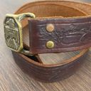 Vintage brown tooled leather western brass clasp belt Photo 1