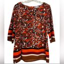 New York & Co. Orange Paisley Floral Stripe Tunic Blouse Exposed Zipper Med Photo 0