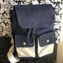 Mini Blue denim bag pack backpack white straps drawstrings and front pockets Photo 3