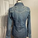 True Religion Vintage Y2k Western Cowgirl Chambray Jean shirt raw distressed Embroidered Fit Flare casual Dress Photo 2