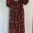 H&M floral midi dress fall black orange pink flowers puff sleeve smocked large Photo 2