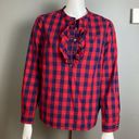 Draper James Draper Jane button up shirt 8 long sleeve plaid western ruffle navy blue red Photo 3