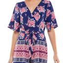 Trixxi NWT  Women's Blue Surplice Printed Flutter Sleeve Romper Juniors Size XL Photo 0