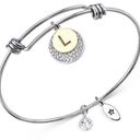 Unwritten  Pave & Initial Disc Bangle Bracelet Stainless Steel & Silver Plated Photo 0