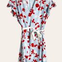 Oscar de la Renta  Pink Label Blue Red Floral Print Satin Wrap Dress Mini Robe S Photo 1