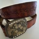 Vintage HAND TOOLED Leather WESTERN Belt XL Brown with Brass Rhinestone Buckle Photo 0