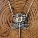 Dragonfly & Sunflower Silver Double Chain Necklace W/Zircon Gemstone Pendants Photo 3