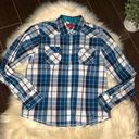 Patrona USA turquoise/navy plaid pearl snap sz LG Blue Photo 0