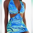 One Piece 🎓 Tie Dye Blue  Y2K Sheer Bodycon Halter Top Dress Photo 1