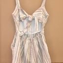 Angel Kiss Linen Blend Striped Tie Cutout Back Romper Blue Green Small Photo 1