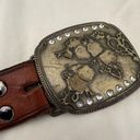 Vintage HAND TOOLED Leather WESTERN Belt XL Brown with Brass Rhinestone Buckle Photo 6