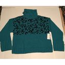 Nine West Sweater Women’s Sz M Teal Cheetah Ribbed Knit Turtleneck Pull Over New Photo 2