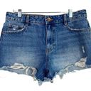 ZARA  Cutoff Distressed Jean Shorts Raw Ripped Hem High Rise Pockets 8 Med Wash Photo 0