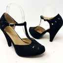 Modcloth  Black Fabric T Strap Maryjane Closed Toe Perforated Heels Size 9 Photo 1