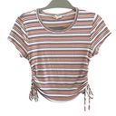 Sky And Sparrow  Cream Pink Blue Ribbed Stripped Crew Neck Crop Cinched Top M Photo 0