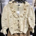 ZARA  NWOT Ruffled Floral Gem Button Down Knit Cardigan Sweater in Ivory Cream Photo 5