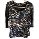 Mango Tango  Black Patterned 3/4 Sleeve Lace Back Sheer Sleeves Blouse Size L Photo 0