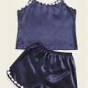 Boutique Navy Blue, Flowered, Satin, Pajama Set Photo 2