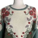 L.A.M.B. Vintage 80s Wool Angora Knit Sweater M Green Embroidered Floral Pullover Photo 1