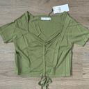 Mango  WOMEN Ruched Short Sleeve Square Neck Cropped Tee - Size M - Green - NWT Photo 3