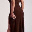 Meshki Strapless Chocolate Maxi Dress With Leg Slit Photo 2