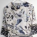 Hale Bob  100% Silk Blue White Floral V-Neck 3/4 Sleeve Flowy Blouse Photo 3