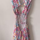 J'Adore Halter Deep V Mini Dress in Blue/Pink Watercolor Floral Size L Photo 5